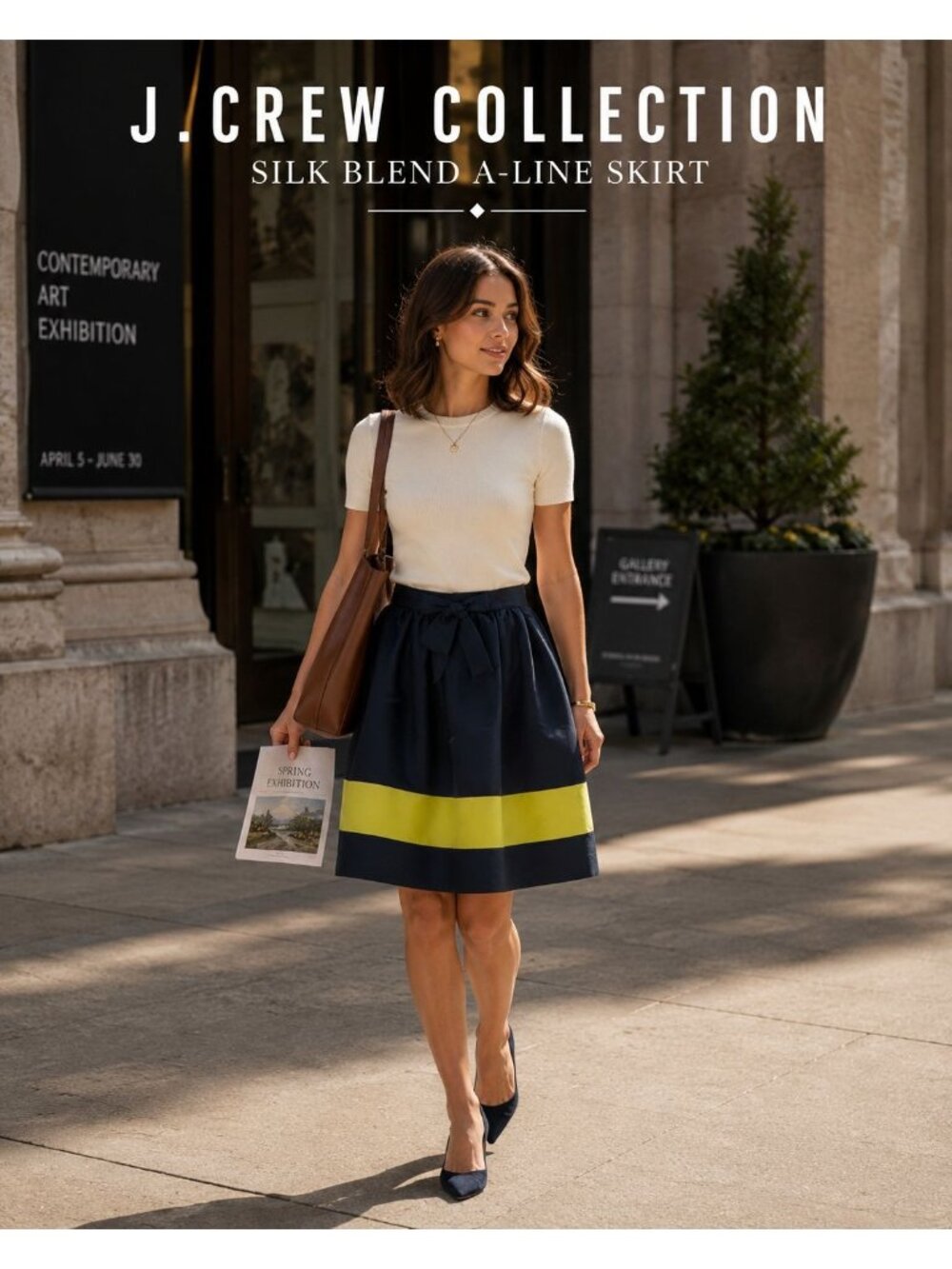 J.Crew Collection Skirt 4 Navy Neon Silk Blend Bow Pleated A-Line Preppy Twee